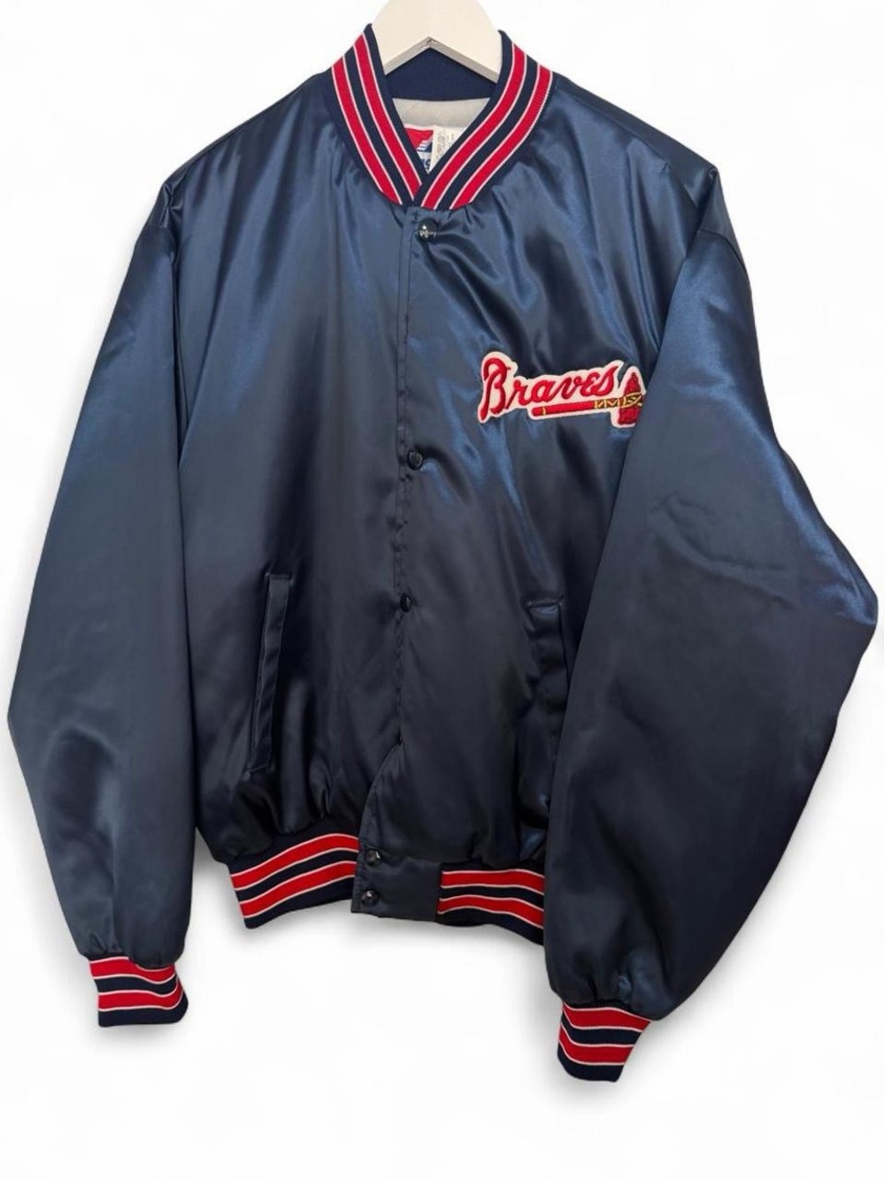 Vintage 90s Atlanta Braves navy blue satin bomber jacket size large
